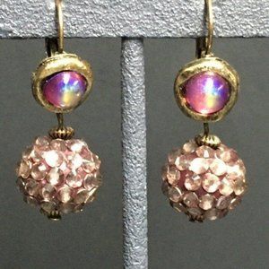 Drop Dangle Pierced Earrings As Is Gold Purple Rhinestone Ball Retro Glam Bling